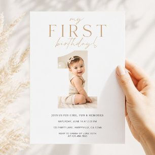 Number 1 Modern Photo First Birthday  Invitation