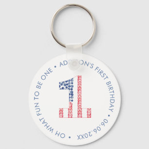 Number 1 Red White Blue 1st Birthday Party Favor Key Ring