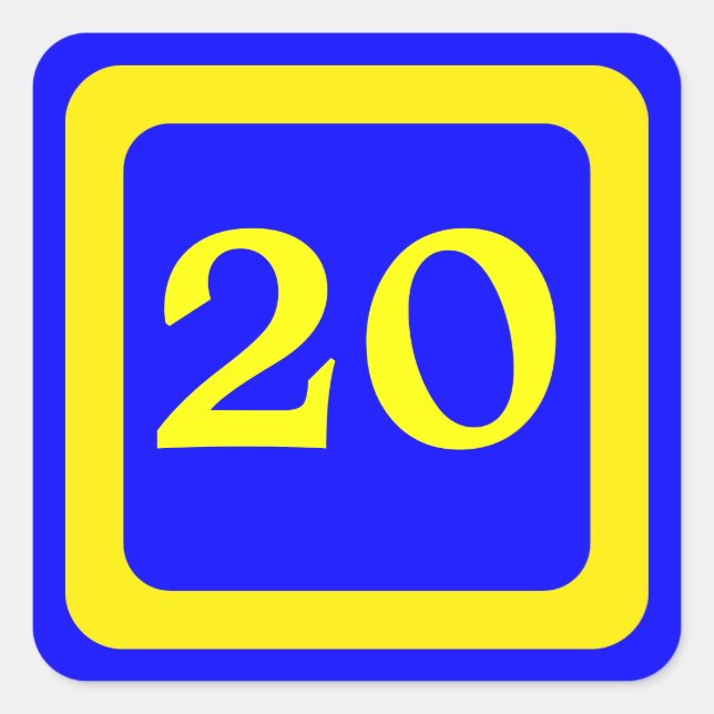 number 20, blue background, yellow frame square sticker (Front)