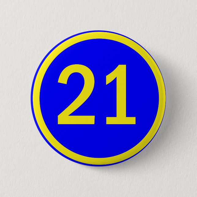 number 21 in a circle 6 cm round badge (Front)