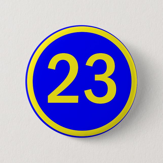 number 23 in a circle 6 cm round badge (Front)