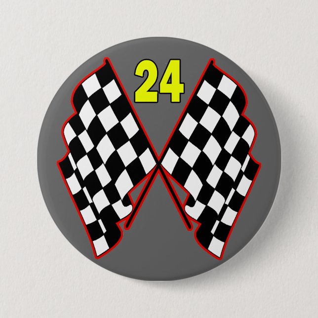 Number 24 and Chequered Flags 7.5 Cm Round Badge (Front)