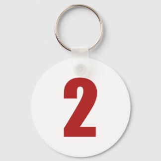 Number 2  in red on white button keychain