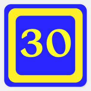 number 30, blue background, yellow frame square sticker