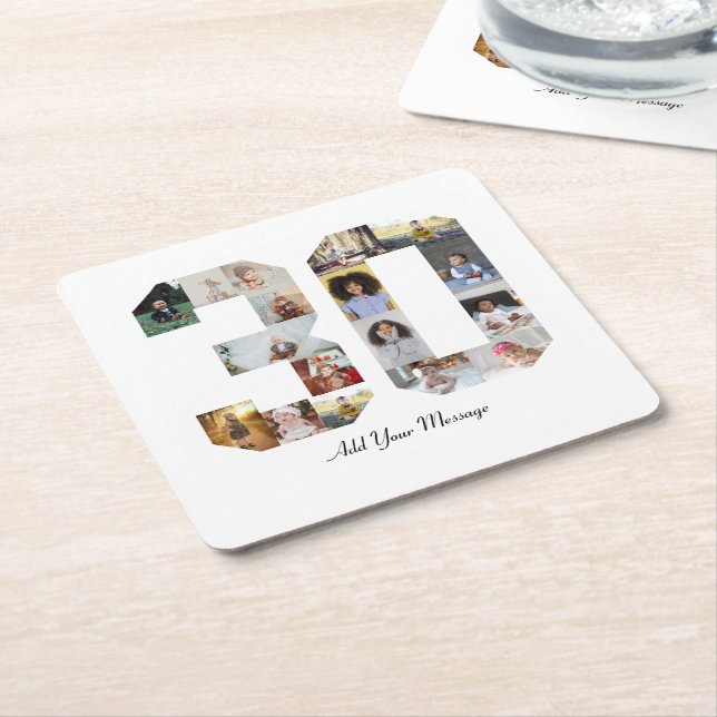 Number 30 Photo Collage Square Paper Coaster (Angled)