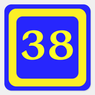 number 38, blue background, yellow frame square sticker