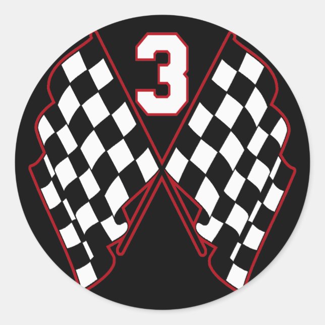NUMBER 3 AND CHECKERED FLAGS CLASSIC ROUND STICKER (Front)
