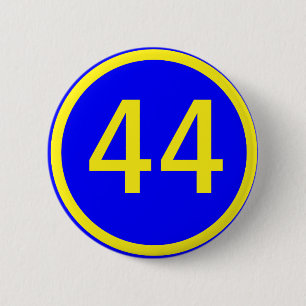 number, 44, in a circle 6 cm round badge