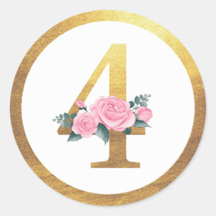 Number 4 Four Pink Roses Floral & Elegant Gold Classic Round Sticker