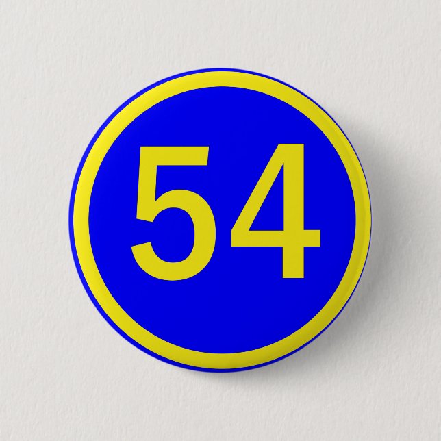 number, 54, in a circle 6 cm round badge (Front)