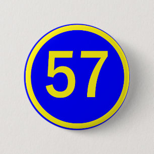 number, 57, in a circle 6 cm round badge