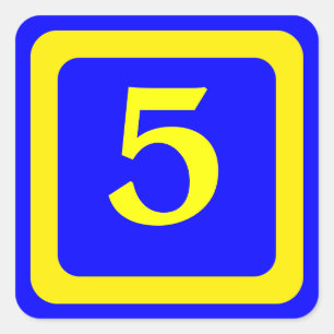 number 5, blue background, yellow frame square sticker