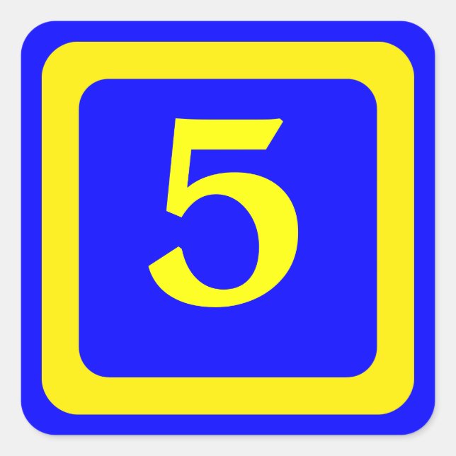 number 5, blue background, yellow frame square sticker (Front)