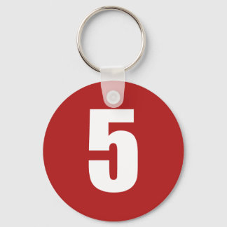 Number 5  in white on red button keychain