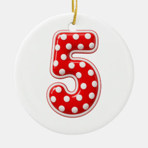 Number 5 Red Polka Dot Christmas Ceramic Tree Decoration