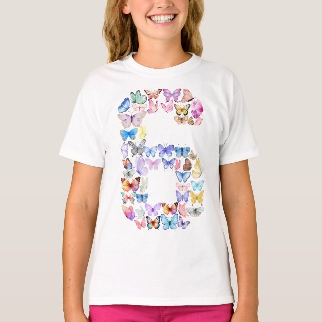 Number 6 Butterflies Theme 6 Year Old Girls T-Shirt (Front)
