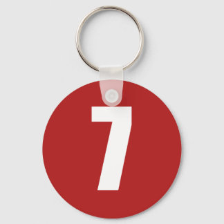 Number 7  in white on red button keychain