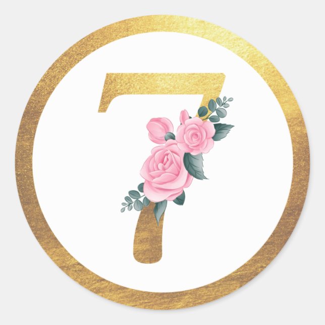 Number 7 Seven Pink Roses Floral & Elegant Gold Classic Round Sticker (Front)