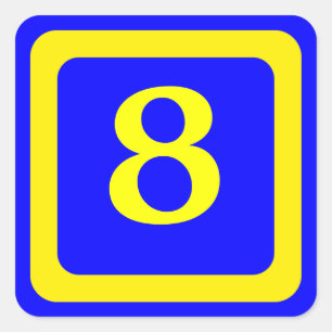 number 8, blue background, yellow frame square sticker