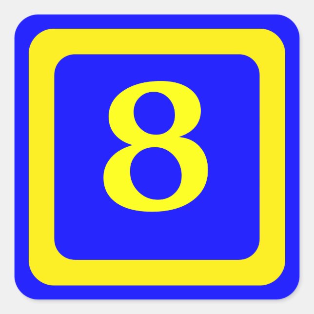 number 8, blue background, yellow frame square sticker (Front)