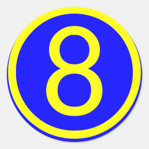 number 8 in a circle, blue background classic round sticker