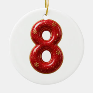 Number 8 Red Glitter Christmas Ceramic Tree Decoration