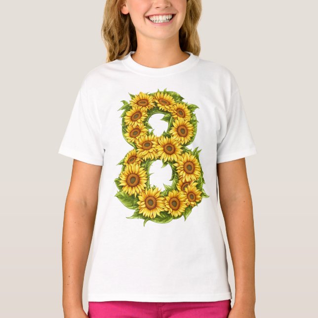 Number 8 Sunflowers Theme 8 Year Old Kids Girls T-Shirt (Front)