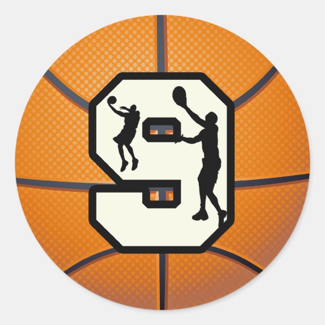 Number 9 Basketball and Player Classic Round Sticker (Front)