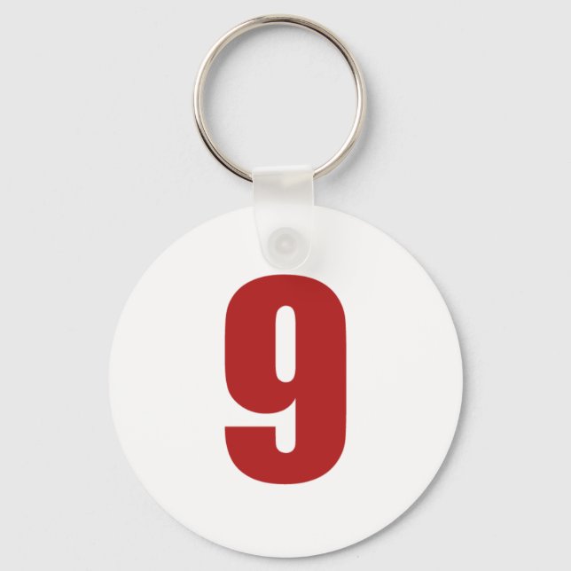 Number 9 in red on white button keychain (Front)