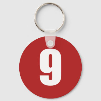 Number 9  in white on red button keychain