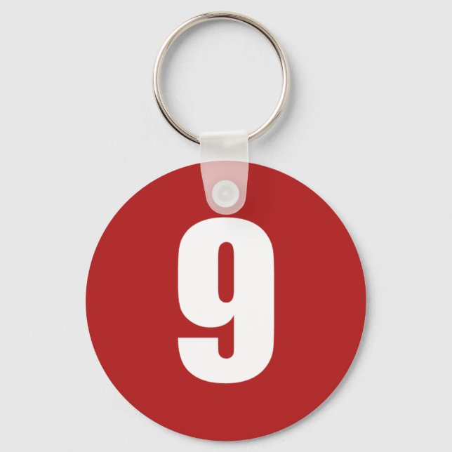 Number 9  in white on red button keychain (Front)