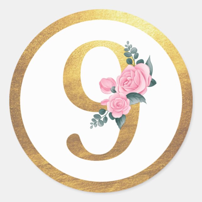 Number 9 Nine Pink Roses Floral & Elegant Gold Classic Round Sticker (Front)