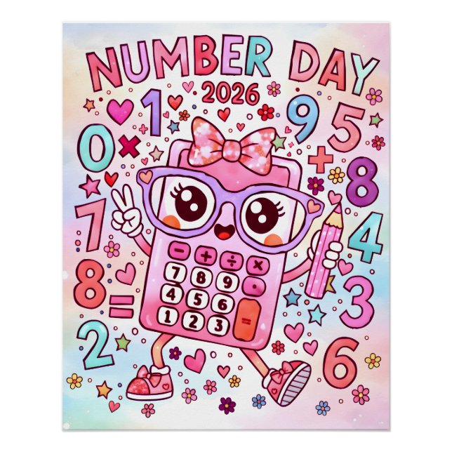 Number Day 2026 Cute Pink Calculator Math Design Poster (Front)