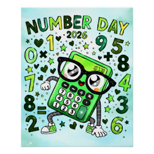 Number Day 2026 Green Calculator Math Design Poster