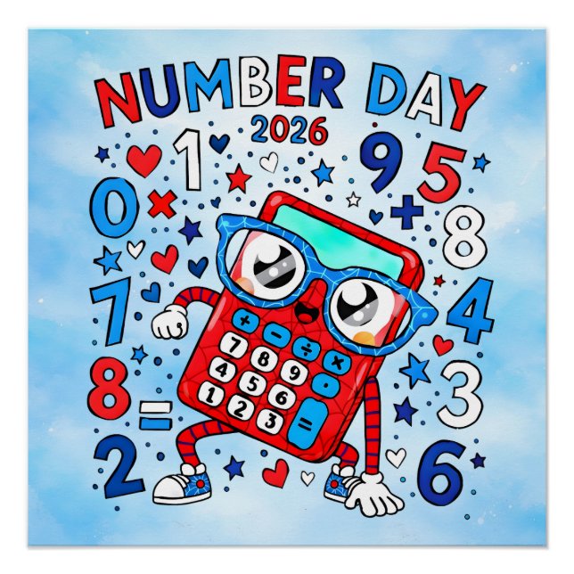 Number Day 2026 Red Calculator Math Design Poster (Front)