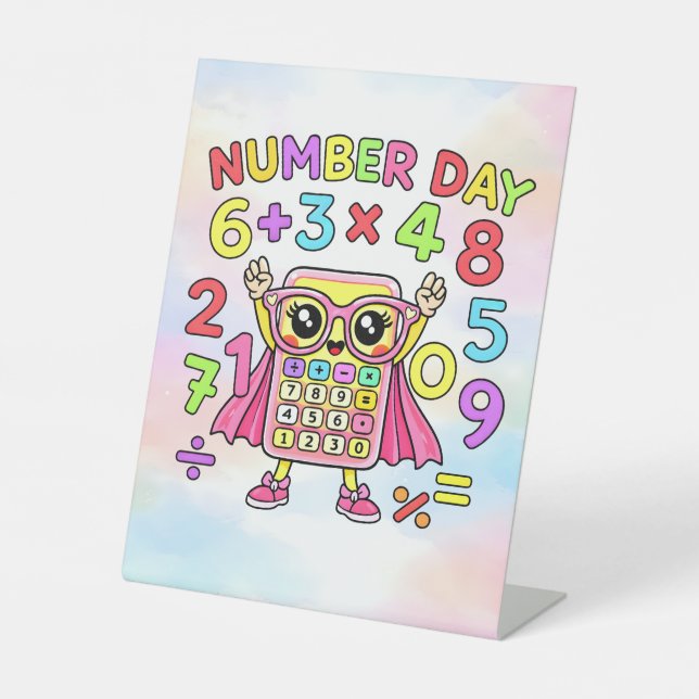 Number Day Cute Calculator Character Design Pedestal Sign (Front)
