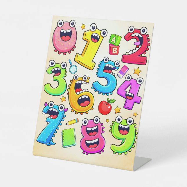 Number Day Funny Cartoon Numbers Design Pedestal Sign (Front)