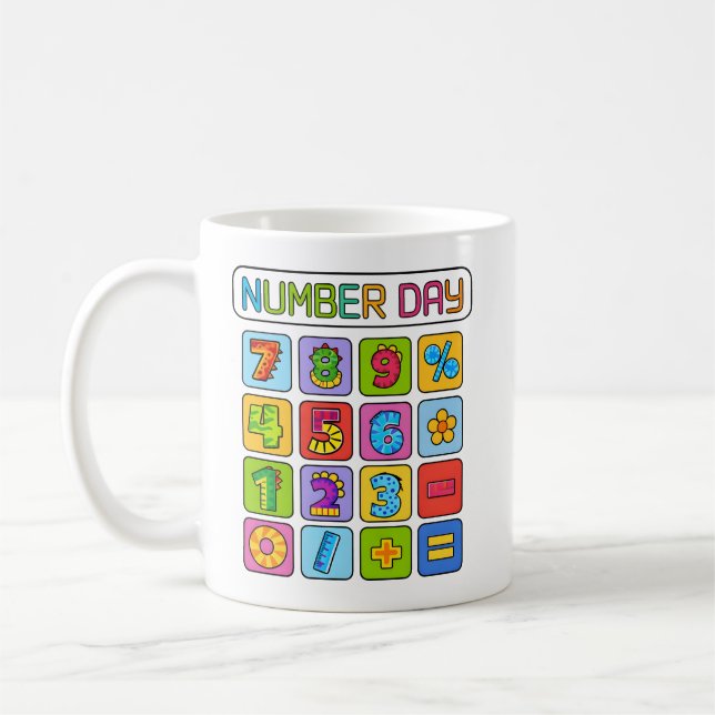 Number Day Math Icons Calculator Design for Kids Coffee Mug (Left)