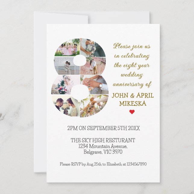 Number Eight Custom Photo Wedding Anniversary Invitation (Front)