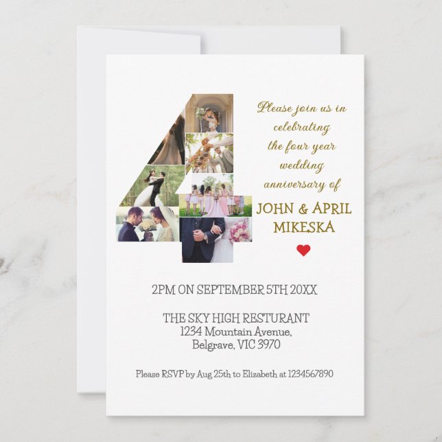 Number Four Custom Photo Wedding Anniversary Invitation (Front)