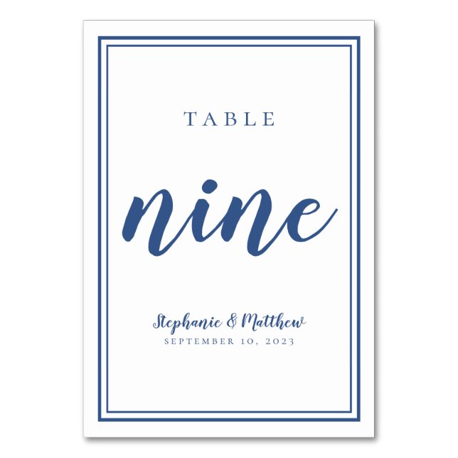 Number Nine Simple Classic Blue White Wedding Table Number (Front)