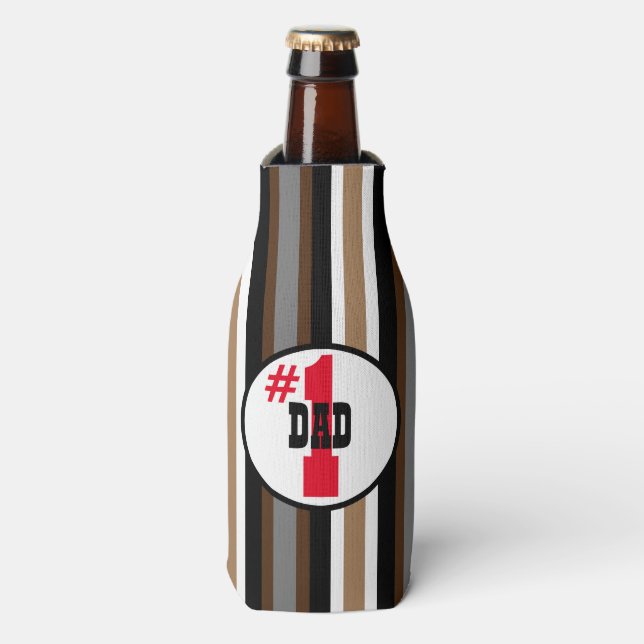 Number One Dad Grey, Brown and Black Stripes Bottle Cooler (Bottle Front)