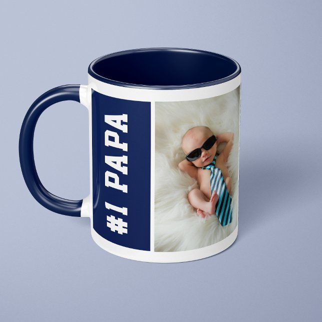 Number One Papa Navy Blue Custom 4 Photo Collage Mug (Creator Uploaded)
