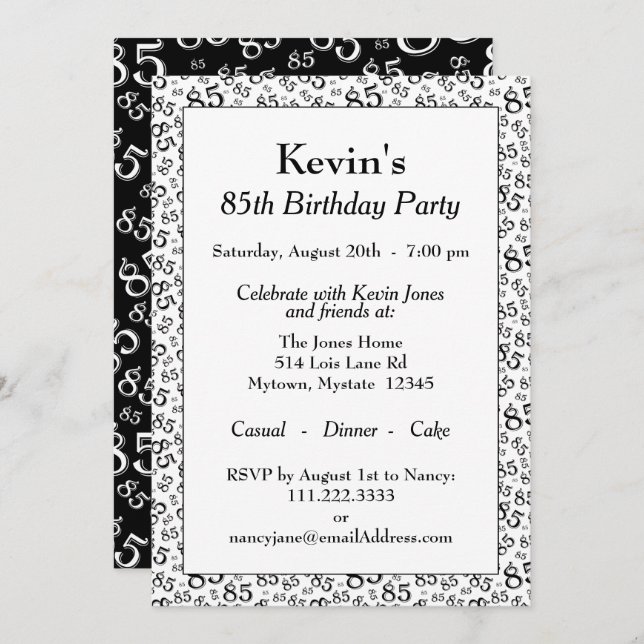 Number Pattern 85 Cool Birthday Party Black/White Invitation (Front/Back)