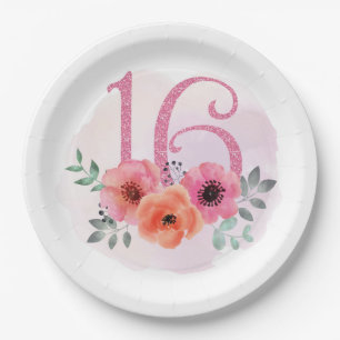 Number Sixteen with Flowers Paper Plate