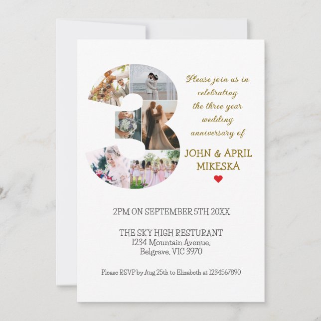 Number Three Custom Photo Wedding Anniversary Invitation (Front)