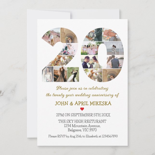 Number Twenty Custom Photo Wedding Anniversary  Invitation (Front)