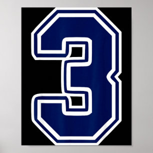 Number white dark blue 3 sports team fan poster