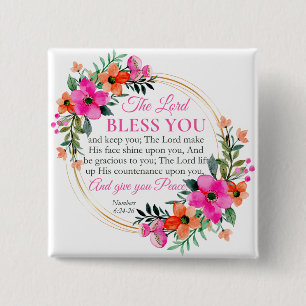 Numbers 6:24-26 Pink Floral Wreath Christian 15 Cm Square Badge