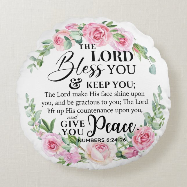 Numbers 6:24-26 The Lord Bless you Bible Rose Round Cushion (Front)